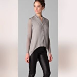 Helmut Lang Gray Long-Sleeve Silk Button-Down Blouse With Semi-Sheer Sleeves
